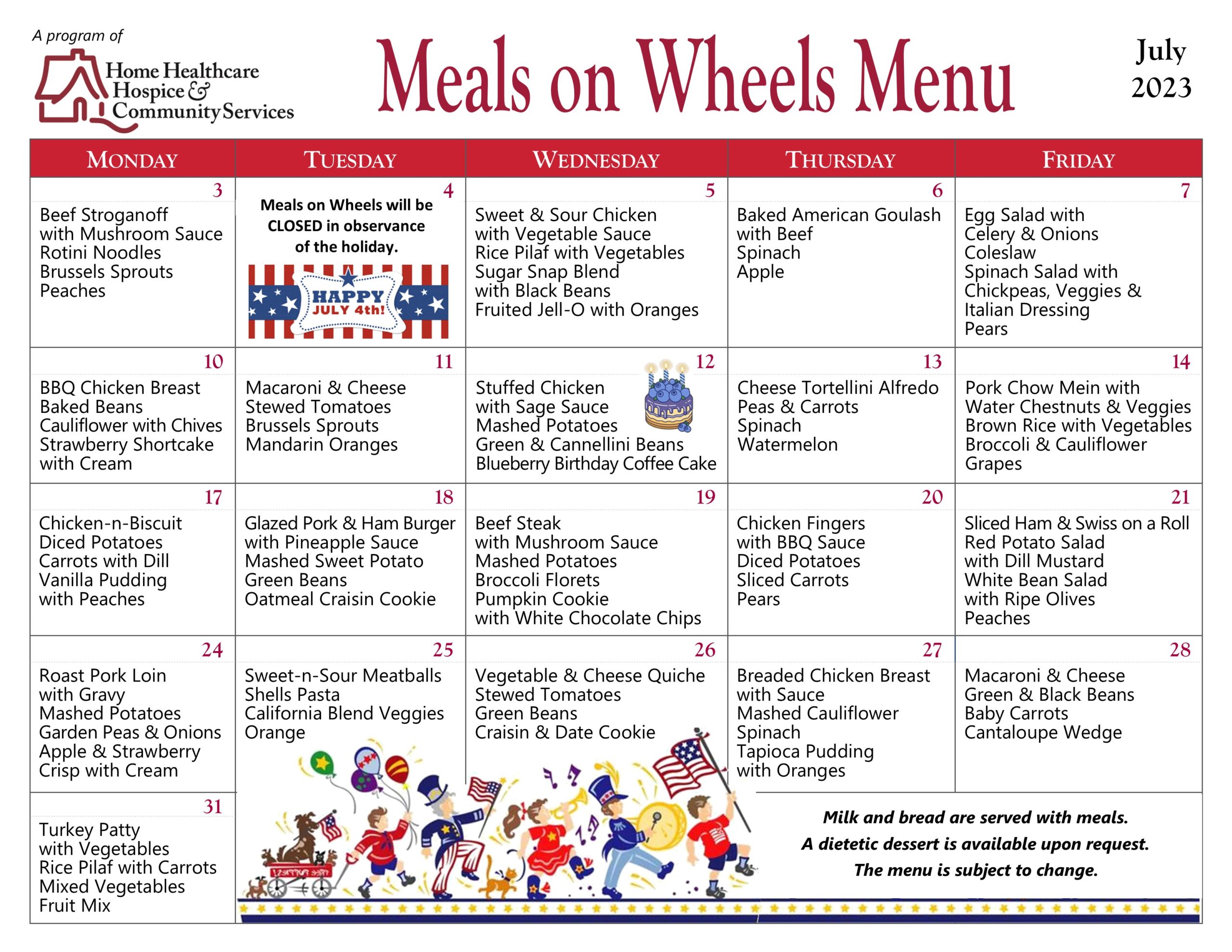 Meals On Wheels Menu July 2023 Home Healthcare, Hospice & Community